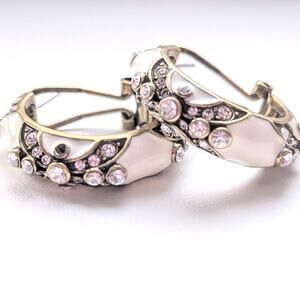 Heidi Daus Clear Crystal Rhinestone White Enamel Gold Tone Hoop Earrings